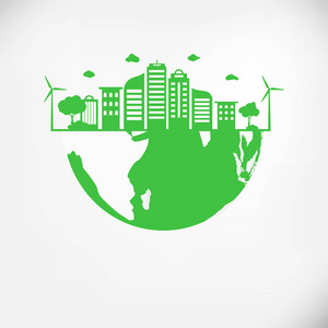拯救地球行星世界的概念。世界环境日概念。绿色的现代都市城市在绿色点地球, 安全世界, 生态学概念