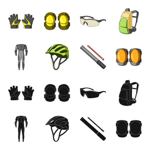 全身西装的骑手, 头盔, 泵用软管, 膝保护器。自行车套装集合图标黑色, 卡通风格矢量符号股票插画网站