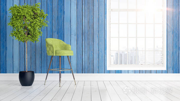 现代明亮室内与大窗口3d渲染