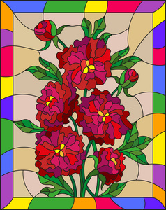 插图在彩色玻璃风格与花，芽和棕色背景在一个明亮的框架上的红牡丹叶