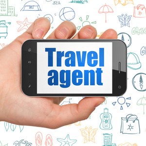 旅游概念随身携带智能手机与旅行社合作