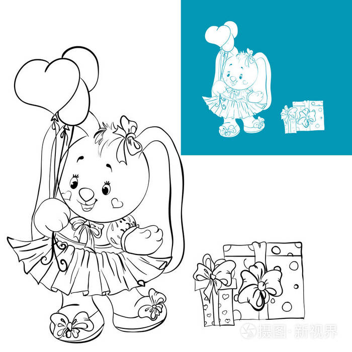 兔子与球卡通人物从黑白轮廓