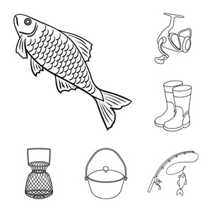 钓鱼和休息大纲图标集合中的设计。钓鱼矢量符号库的解决方法 web 插图