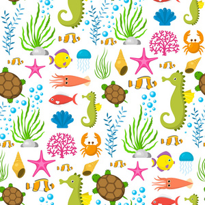 水生有趣的海洋动物水下生物卡通人物贝壳水族馆海洋生物无缝模式背景向量插图