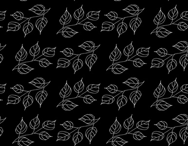 矢量无缝的黑白相间的花纹轮廓的分支与叶在黑色背景上。Eps 10