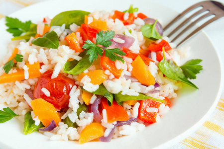 素食烩饭和新鲜五颜六色的蔬菜在盘子关闭健康素食素食饮食食品
