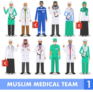 医学的概念。穆斯林的阿拉伯医生和护士在白色背景上孤立的平面样式的详细的说明。医生阿拉伯文医生男人和女人站。矢量图