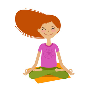 快乐的女孩坐在莲花姿势瑜伽, 健身理念卡通矢量插画照片