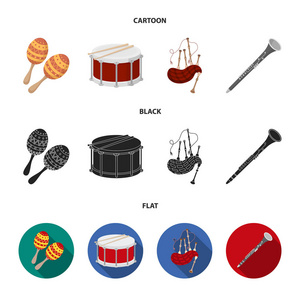 葫芦, 鼓, 苏格兰风笛, 单簧管。乐器集合图标在卡通, 黑色, 平面式矢量符号股票插画网站