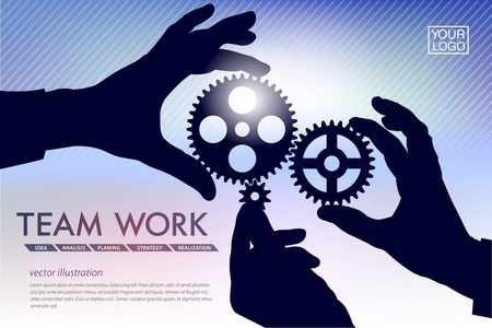 插图横幅显示了合作理念。手与齿轮出现合伙或团队工作关系的想法