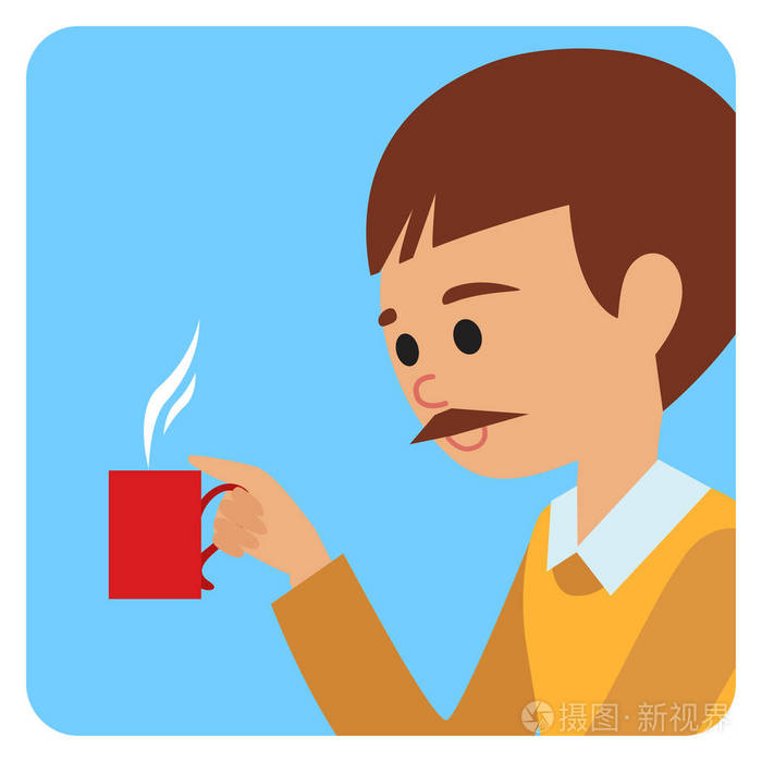 杯子在他手里,喝着热咖啡的男人.矢量图图标