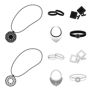 结婚戒指, 袖口链接, 钻石项链, 女人戒指用石头。首饰和配件集合图标在黑色, 轮廓样式矢量符号股票插画网站