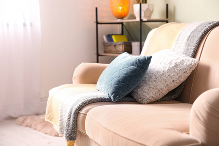 舒适的沙发和柔软的枕头在客厅里