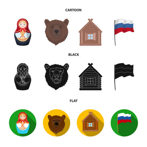 俄罗斯, 国家, 国家, 俄罗斯套娃。俄罗斯国家集合图标在卡通, 黑色, 平面式矢量符号股票插画网站