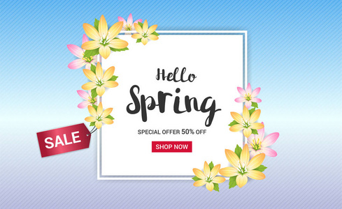 春季销售横幅广告背景或与花干花相框海报