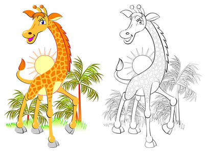 彩色和黑白图案着色。可爱的小长颈鹿的插图。儿童和成人工作表。矢量图像
