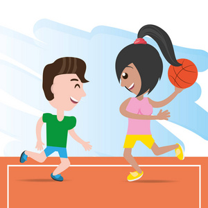 快乐的情侣运动员打篮球