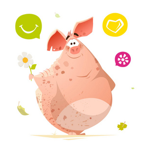 幸福的笑容可爱的小猪动物的颜色矢量字符设计
