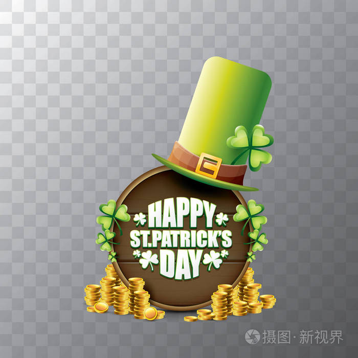 矢量快乐圣帕特里克天标签或海报与绿色帽子, 幸运的草和老式木板隔离