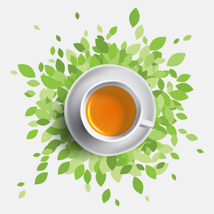 红茶杯矢量插图，绿色大树的概念。健康理念