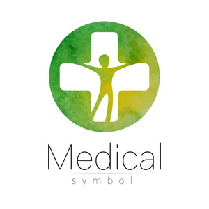 矢量医疗标志与十字架，人在里面。医生，网站，访问卡的符号图标。绿色的颜色。医学现代概念设计。健康和护理。水彩的污点