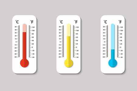 矢量图标的摄氏和华氏气象学温度计测量热 正常 冷在平面样式。Eps10 中的设计模板