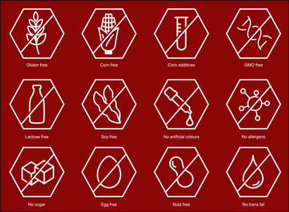设置成分警告标签图标。常见过敏原面筋, 乳糖, 大豆, 玉米和更多, 糖和反式脂肪, 素食和有机符号