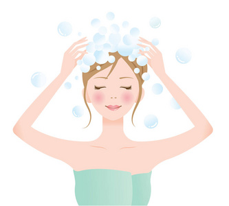 洗发水隔离年轻女子用洗发水洗头发.在白色背景下被隔离.