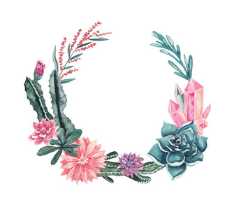 花环的花朵, 肉质植物, 仙人掌, 宝石和树叶。水彩插图在白色孤立的背景。文字花框