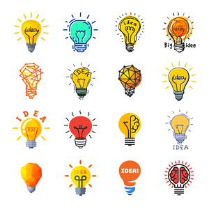 灯泡想法矢量灯泡理想的头脑风暴和电力照明能源灯的解决方案在白色背景下的商业理想大脑隔离的插图集