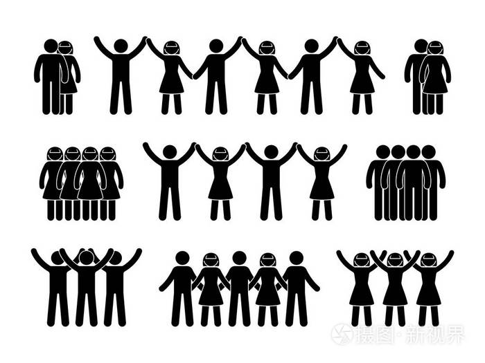 棍子图小组人图标.白色人群象形文字的矢量图解