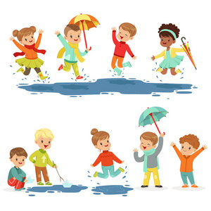 可爱的微笑在水坑，设置标签设计上玩的小孩。积极的休闲活动为儿童的。卡通详细彩色插图