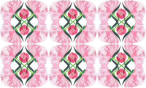 美丽温柔抽象图形草药花卉组成的粉红色与绿色牡丹叶模式水彩手图