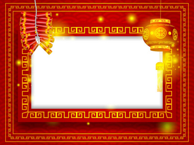 农历新年快乐中国灯笼和鞭炮在红色背景的中心复制空间