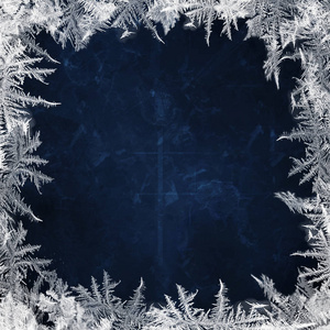 圣诞蓝色背景, 边缘有冷若冰霜的图案