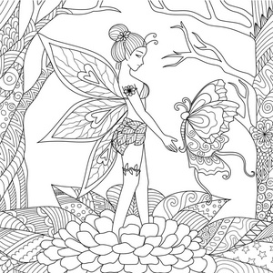 着色蝴蝶美的仙子女孩玩大美丽的蝴蝶,在丛林里成人着色书页.