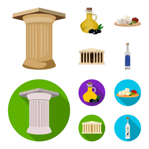 希腊, 国家, 传统, 地标。希腊集合图标在卡通, 平面式矢量符号股票插画网站