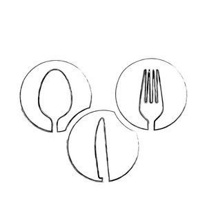单色模糊轮廓剪影餐具厨房元素圆形框架