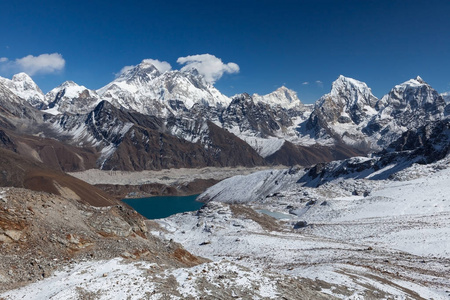 珠穆朗玛峰和 Gokyo 湖景观喜马拉雅山美丽的风景与翡翠蓝色