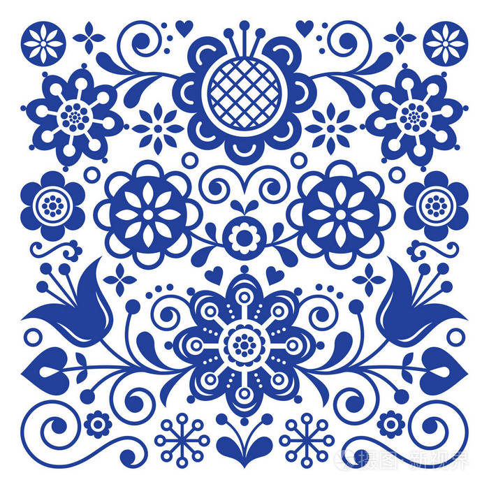 民俗艺术复古矢量图案, 斯堪的纳维亚花卉装饰设计, 北欧风格民族装饰