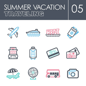 旅行的图标集。夏天。度假