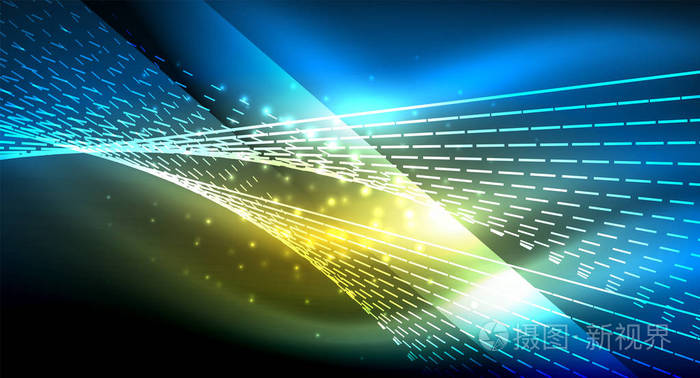 平滑的光效果直线上闪闪发光的霓虹灯暗背景能源技术理念