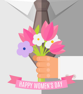 快乐国际妇女节, 3月8日明信片。商人捧着一束粉红色的 tulp 和白花, 给鲜花平面设计道贺。矢量插图