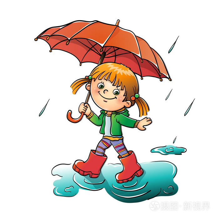 快乐的女孩走在雨中孤立在白色插画-正版商用图片0n51rl-摄图新视界