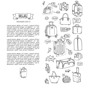 手绘涂鸦行李图标集。矢量图。不同类型的行李。大和小的手提箱，手提行李，背包，携带动物 板条箱，手袋，标记。素描卡通风格