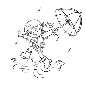 幼儿春天绘画着色页大纲的一个女孩在雨中跳照片