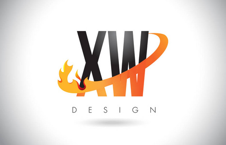 Xw X W 字母标志用火火焰设计和橙色旋风