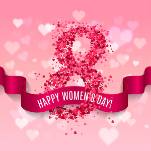 妇女日背景与丝绸丝带和8比赛由桃红色纸心脏制成。母亲节贺卡。矢量插图