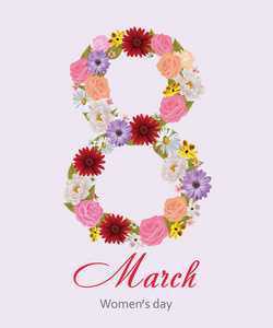 3 月 8 日妇女一天贺卡模板。妇女节快乐。国际劳动妇女节。问候与花的背景。向量，Eps 10