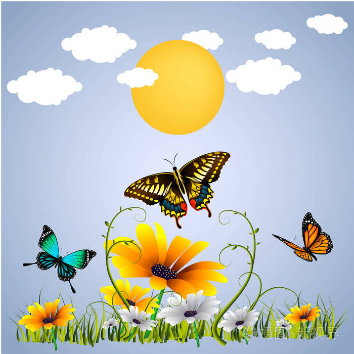 蝴蝶和花日落背景矢量图像